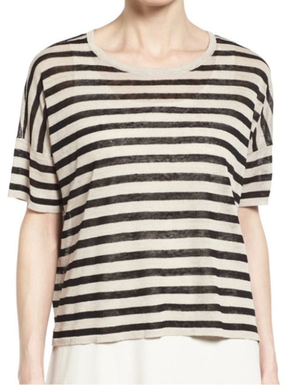 Eileen Fisher Organic Linen Crepe Black & Tan Striped Scoop Neck Top, Med